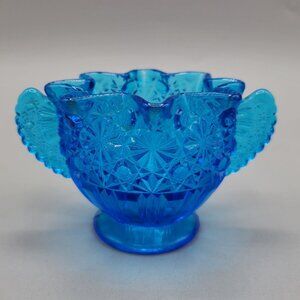 1930s Fenton Daisy and Button Winged Sugar Bowl Blue Art Deco Crimped Top